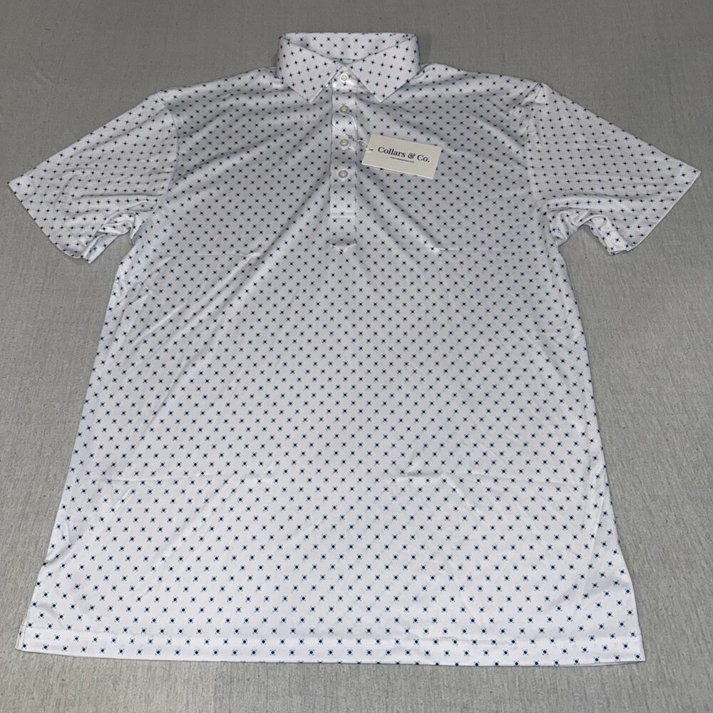 Collars & Co Golf Semi Spread Collar Polo White Blue Geometric Medium NWT
